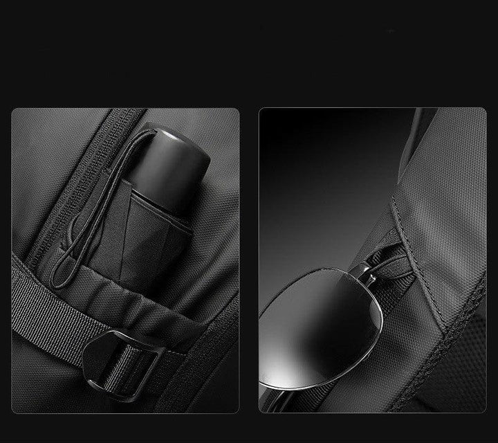 Close-up of black backpack pockets holding a compact umbrella and a pair of sunglasses