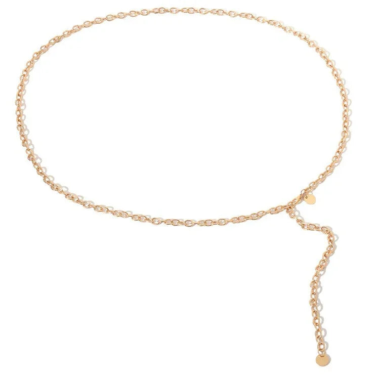 Delicate gold chain belt with adjustable links and small round charms on white background