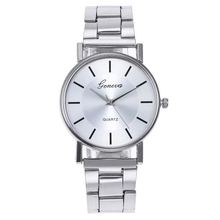Silver Geneva quartz wristwatch with stainless steel band and minimalist black hour markers