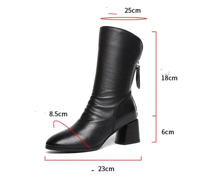 Black mid-calf leather boot with block heel, pointed toe, and zipper, detailed with size measurements