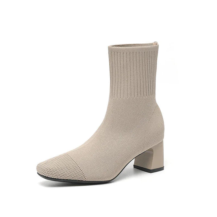 Beige knitted sock ankle boot with block heel and rounded toe detail