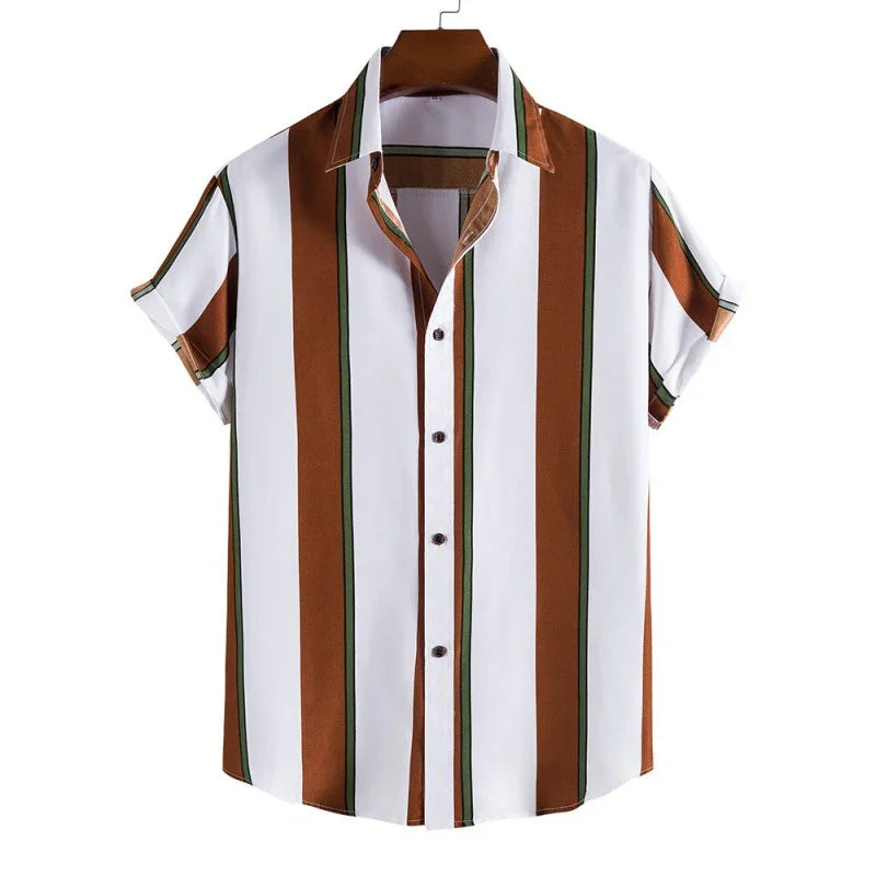 Men's short sleeve casual shirt with vertical brown, white, and green stripes on hanger