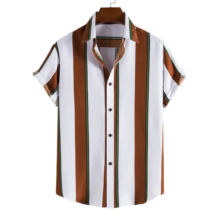 Men's short sleeve casual shirt with vertical brown, white, and green stripes on hanger