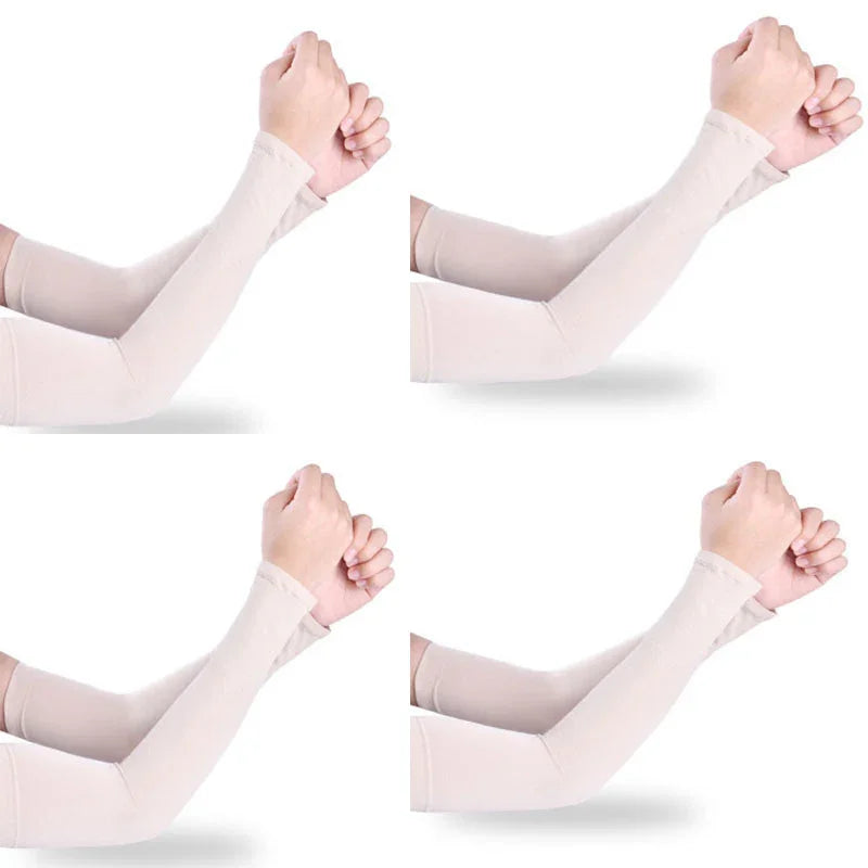 Four images showing beige sun protection arm sleeves on arms with clenched fists against white background