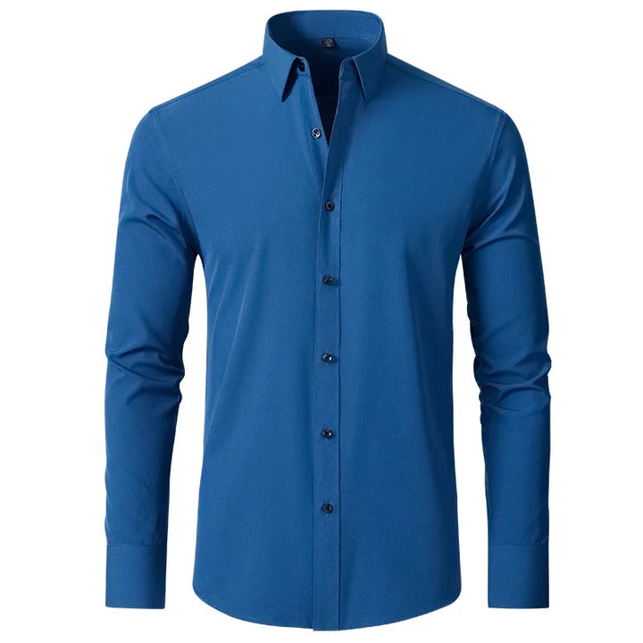 Men's long sleeve blue dress shirt with button-down collar and black buttons