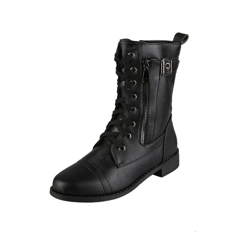 Black leather lace-up combat boot with zipper and buckle detail on white background