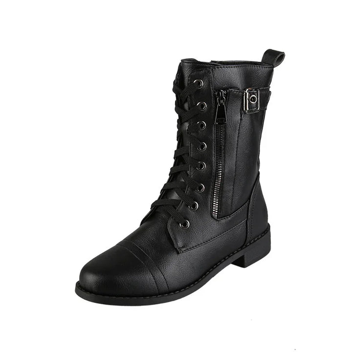 Black leather lace-up combat boot with zipper and buckle detail on white background