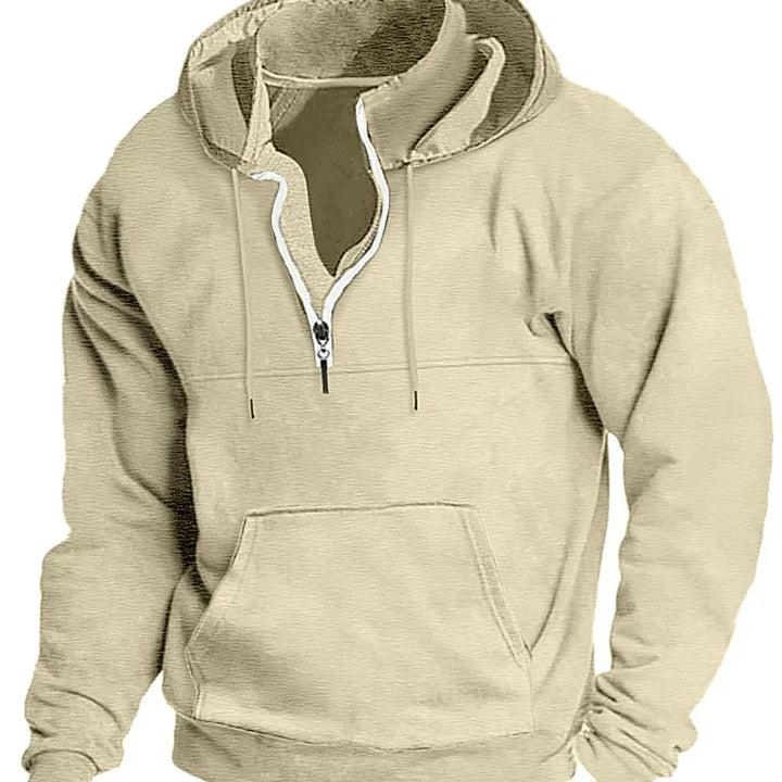 Beige pullover hoodie with half-zip front, kangaroo pocket, and drawstring hood