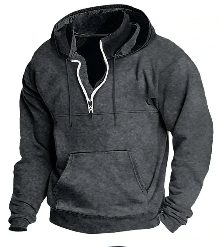 dark gray half-zip pullover hoodie with front kangaroo pocket and drawstrings