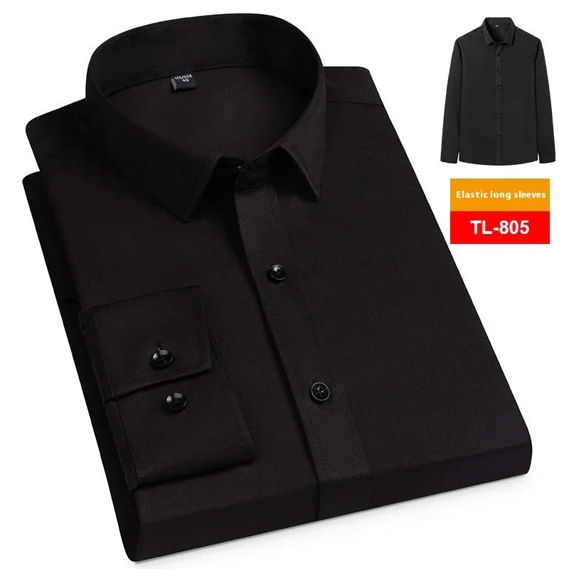 Folded black elastic long sleeve dress shirt TL-805 with buttoned cuffs and classic collar