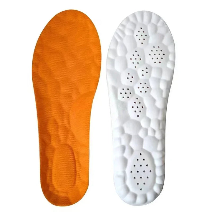Pair of cushioned shoe insoles with orange top layer and white textured, perforated bottom for comfort and breathability