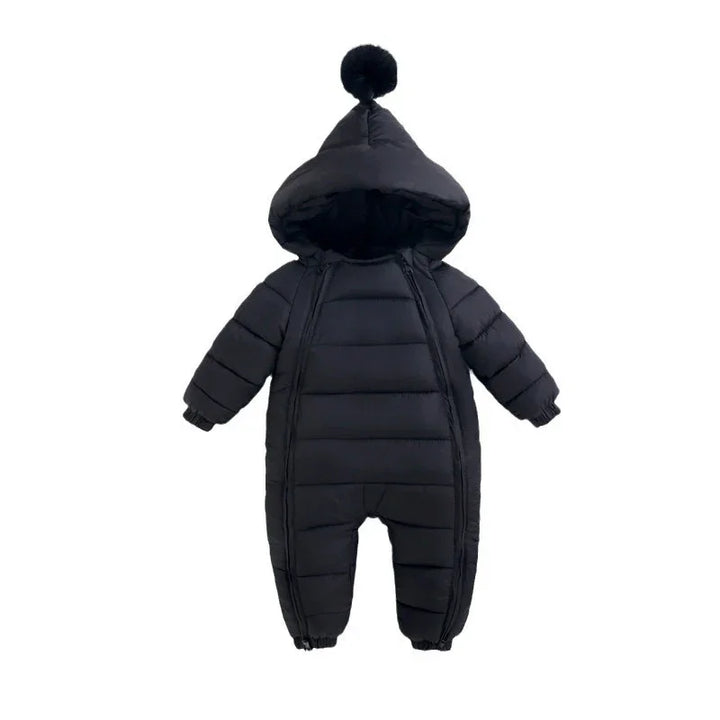 Black infant padded winter jumpsuit with hood and pom pom, insulated baby snowsuit