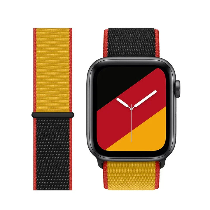 Smartwatch with German flag themed watch face and matching yellow, red, black nylon strap