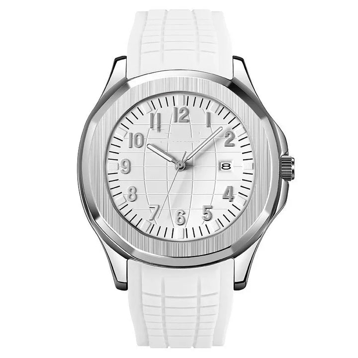 Silver wristwatch with white textured dial, stainless steel case, white silicone strap, and date display