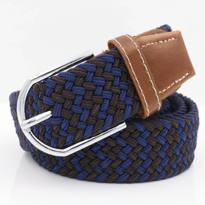 Braided fabric belt in blue and brown with silver buckle and brown leather strap detail