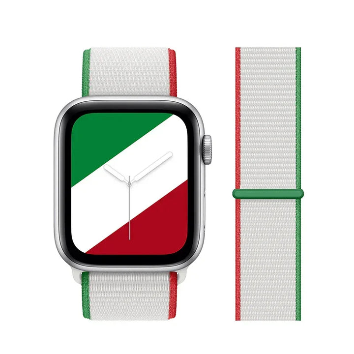 Smartwatch with Italian flag colors on screen and matching nylon band in green, white, and red