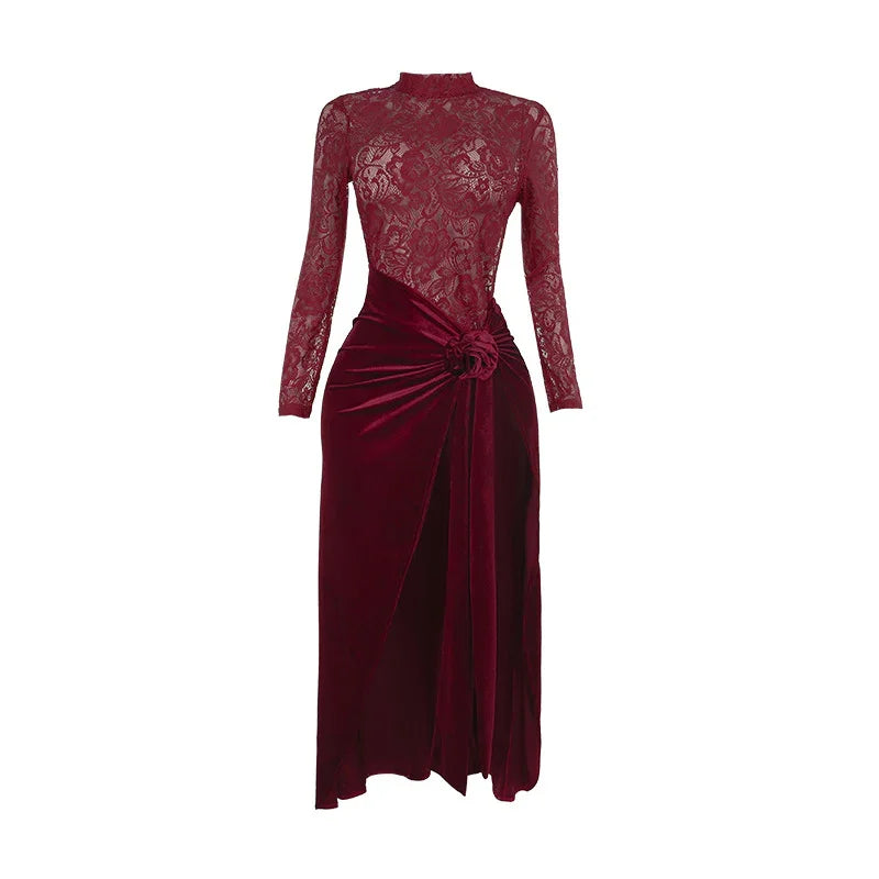 Elegant burgundy evening dress with lace bodice and velvet skirt featuring a side knot detail