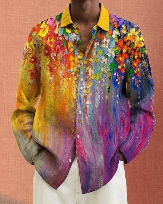 Colorful men's button-up shirt with abstract floral print and yellow collar