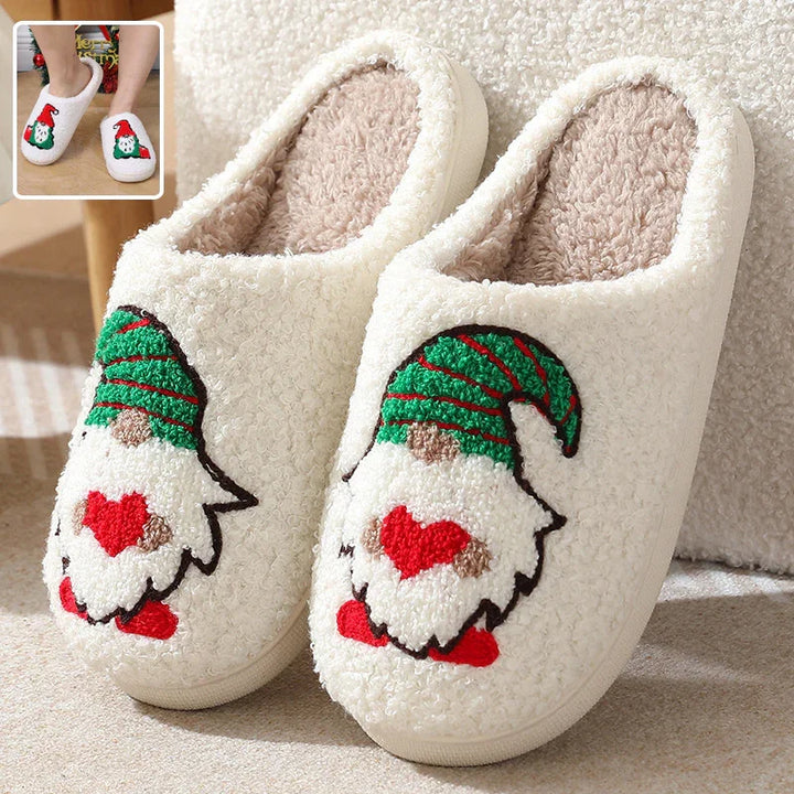 Cozy white fuzzy slippers with cute gnome embroidery wearing green hat and red boots, plush indoor footwear