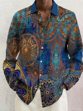 Men's long sleeve shirt with vibrant blue, gold, and orange intricate mandala pattern