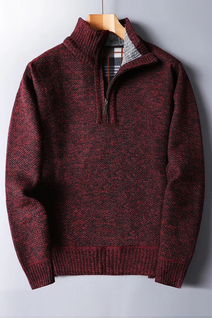 Men's maroon and black knit quarter-zip sweater with ribbed collar and cuffs on hanger