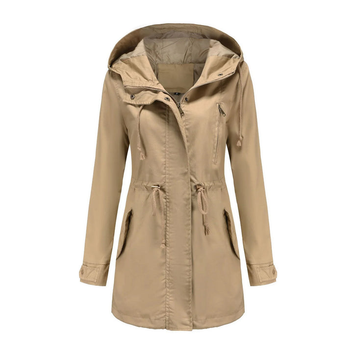 Beige women's hooded jacket with drawstrings, zippered chest pocket, and flap side pockets