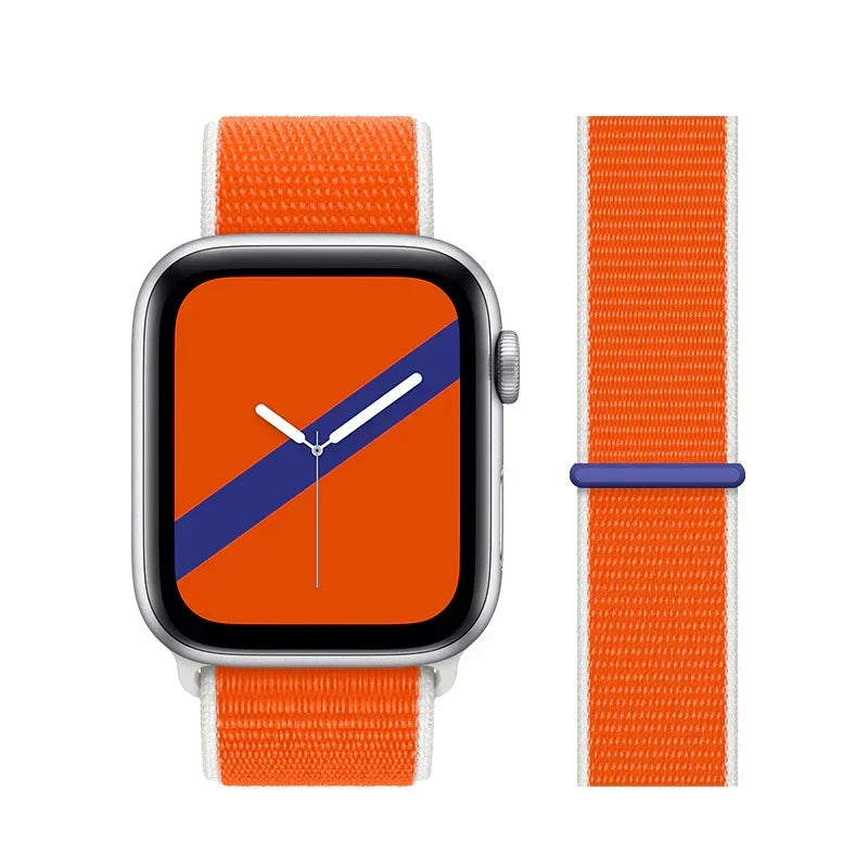 Smartwatch with orange and white fabric band and matching orange watch face with diagonal blue stripe