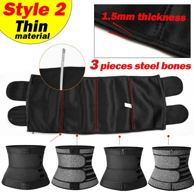 Style 2 thin waist trainer belt with 1.5mm steel bones and adjustable straps in black and gray