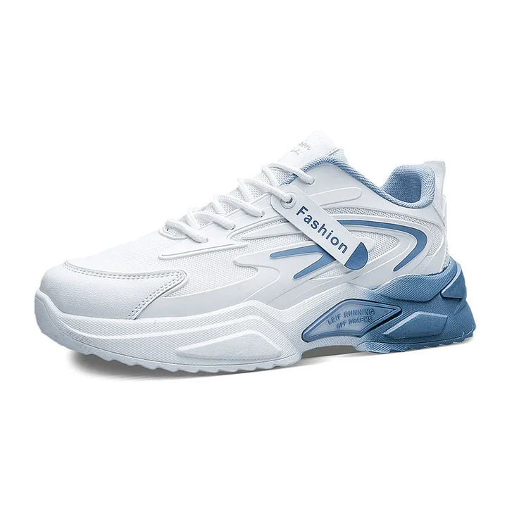 White and blue fashion running sneaker with mesh and synthetic upper, cushioned sole, and lace-up design