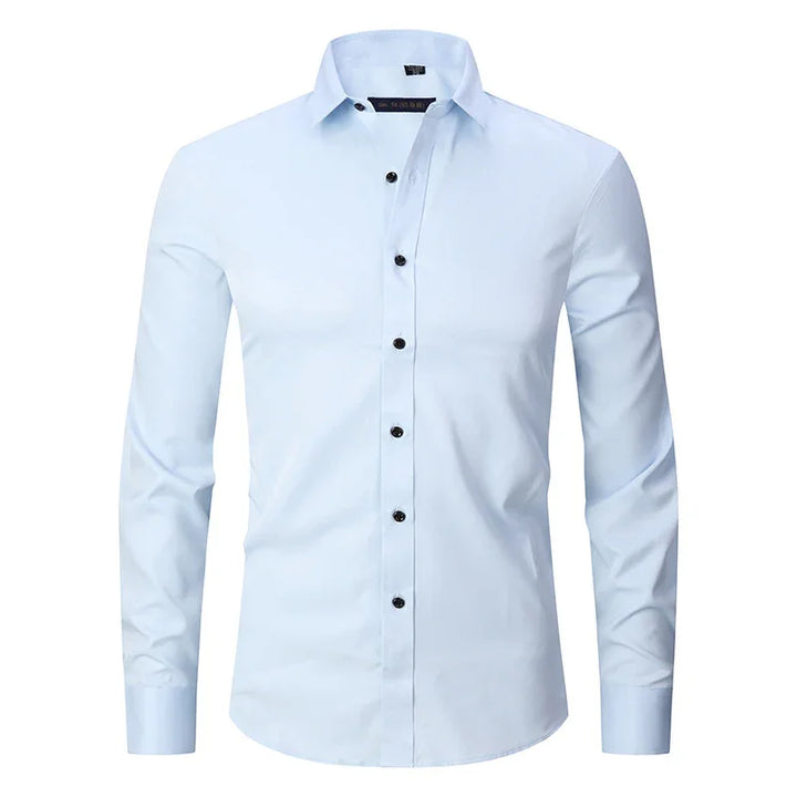 Men's light blue slim-fit dress shirt with long sleeves and black buttons