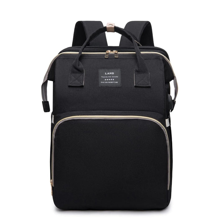 Black travel backpack with beige zippers, top handles and front pocket, laptop bag with USB port