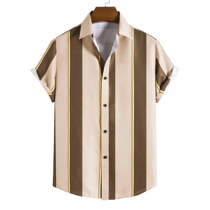 Men's short sleeve button-up shirt with beige, brown, and yellow vertical stripes
