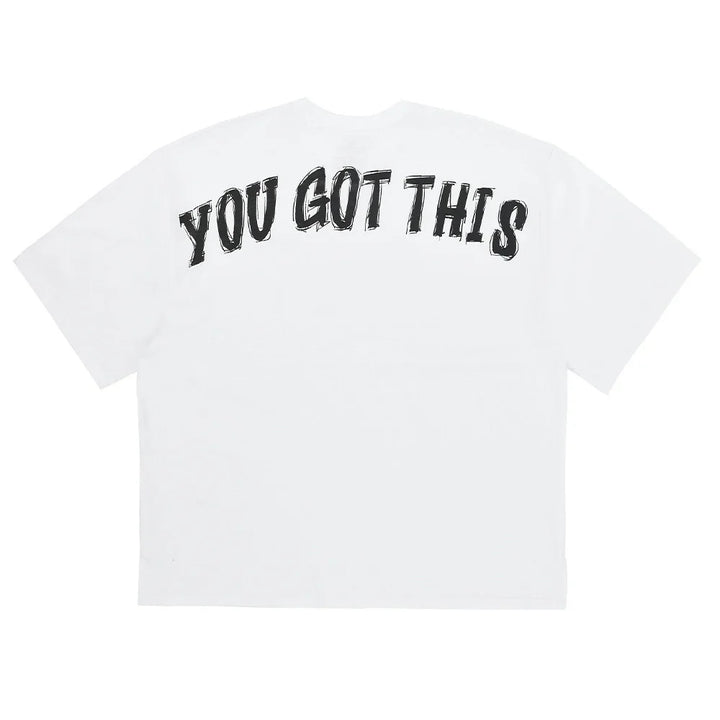 White cropped T-shirt with black text You Got This across the back