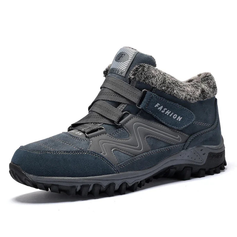 Dark blue winter hiking shoe with fur lining, rugged sole, and velcro strap labeled Fashion