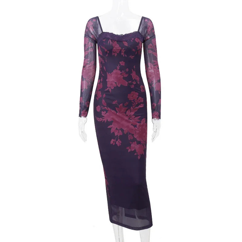 Long purple bodycon dress with sheer floral sleeves and pink flower pattern