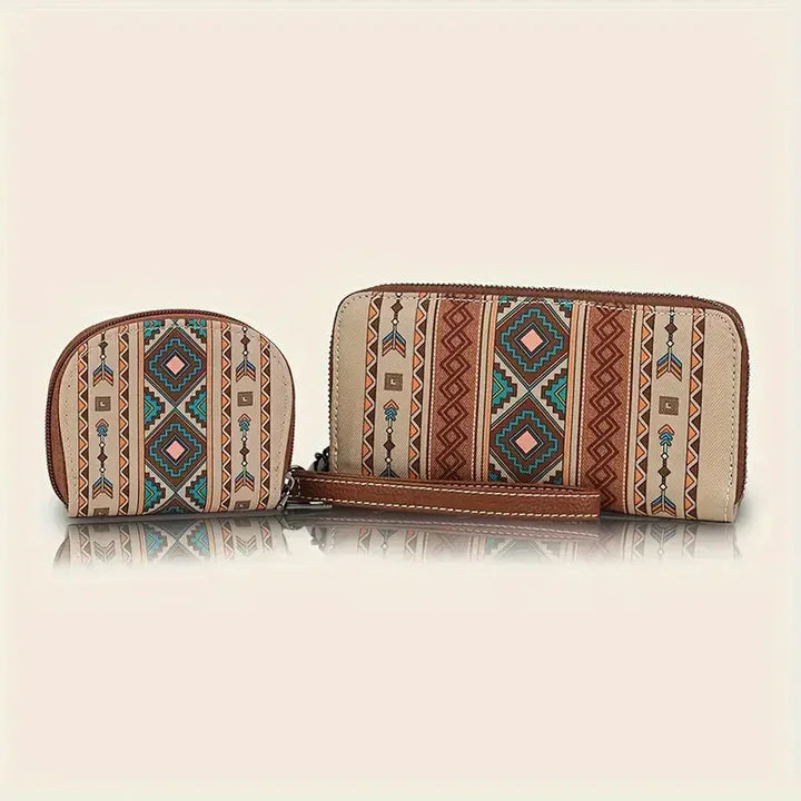 Boho-style wallet and coin pouch set with tribal geometric patterns in brown, teal, and pink colors
