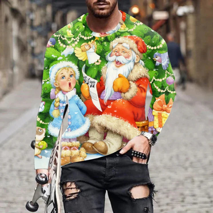 Man wearing colorful Christmas sweater featuring Santa Claus, little girl in winter clothes, and festive ornaments