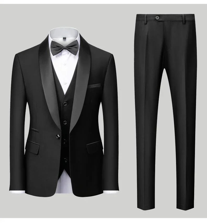 Black classic tuxedo suit with satin lapels, white dress shirt, black bow tie, and matching trousers