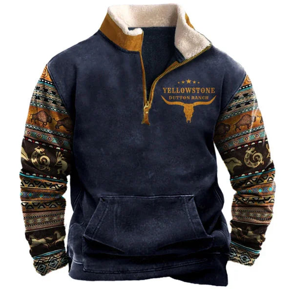 Yellowstone Dutton Ranch navy pullover with southwestern patterned sleeves and fleece collar