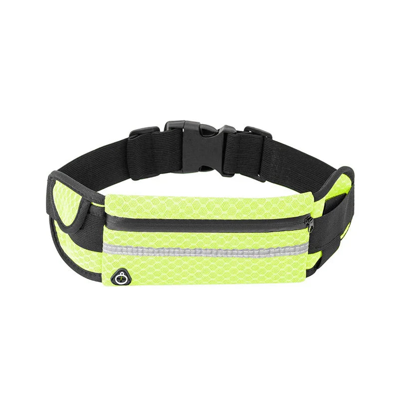 Neon yellow running belt with black adjustable strap and reflective strip pocket with zipper