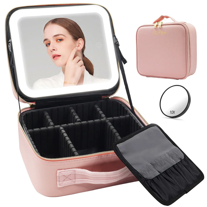 Pink travel makeup case with LED light mirror, adjustable compartments, brush holder, and 10x magnifying mirror