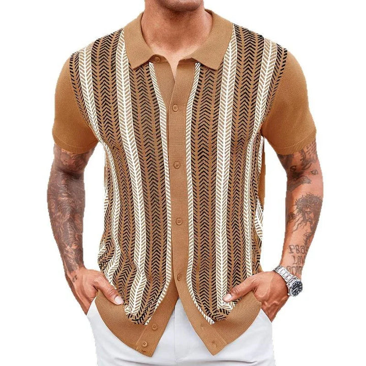 Man wearing brown short-sleeve button-up knit shirt with vertical white and black chevron stripes