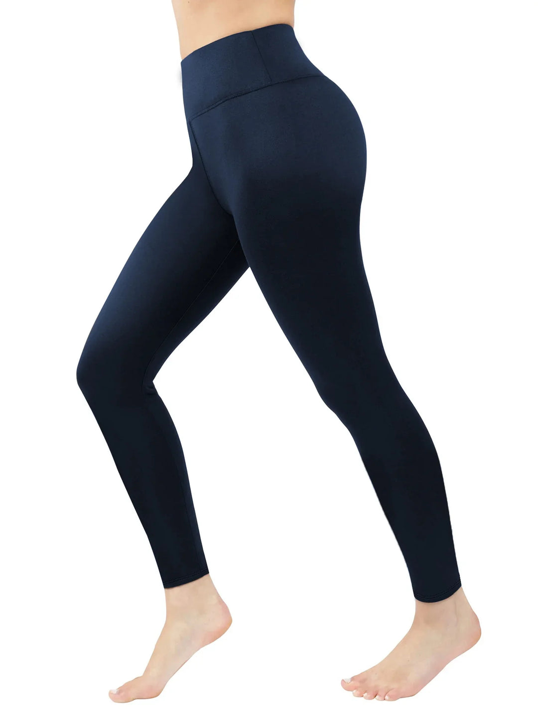 Side view of a person wearing black high-waisted seamless leggings on white background