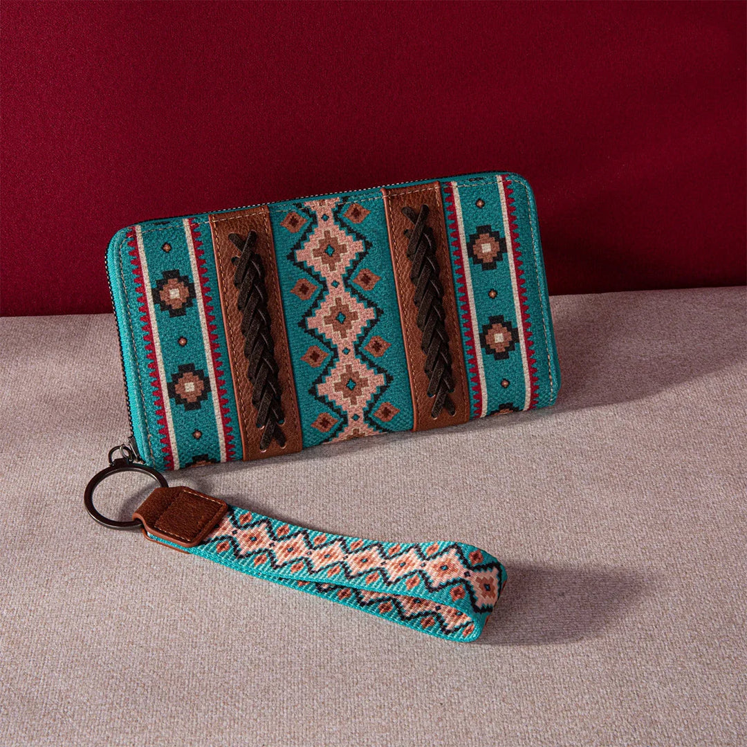 Turquoise and brown patterned wristlet wallet with southwestern design on beige and burgundy background