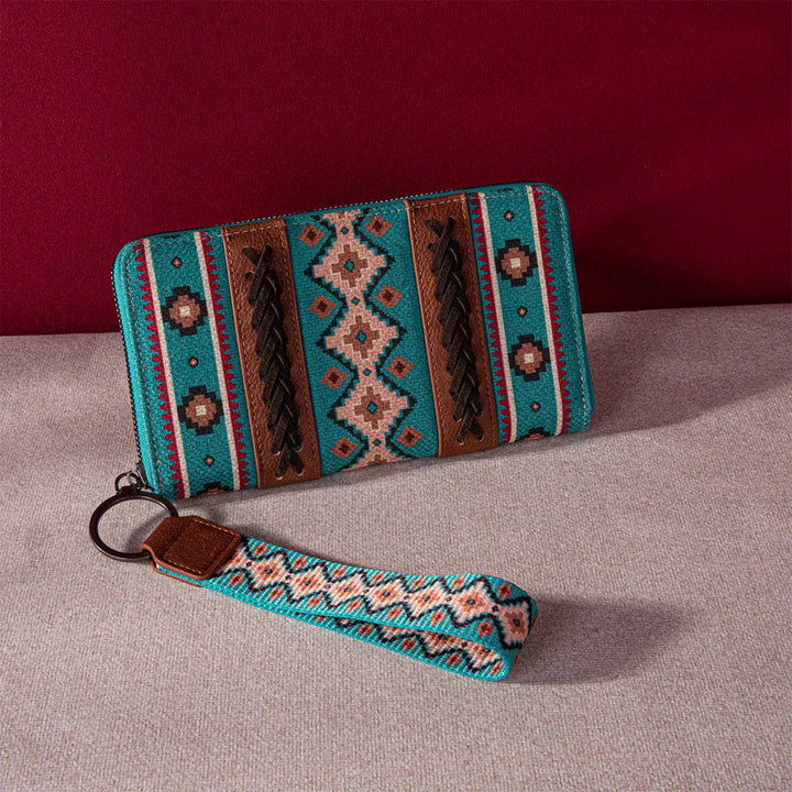 Turquoise and brown patterned wristlet wallet with southwestern design on beige and burgundy background