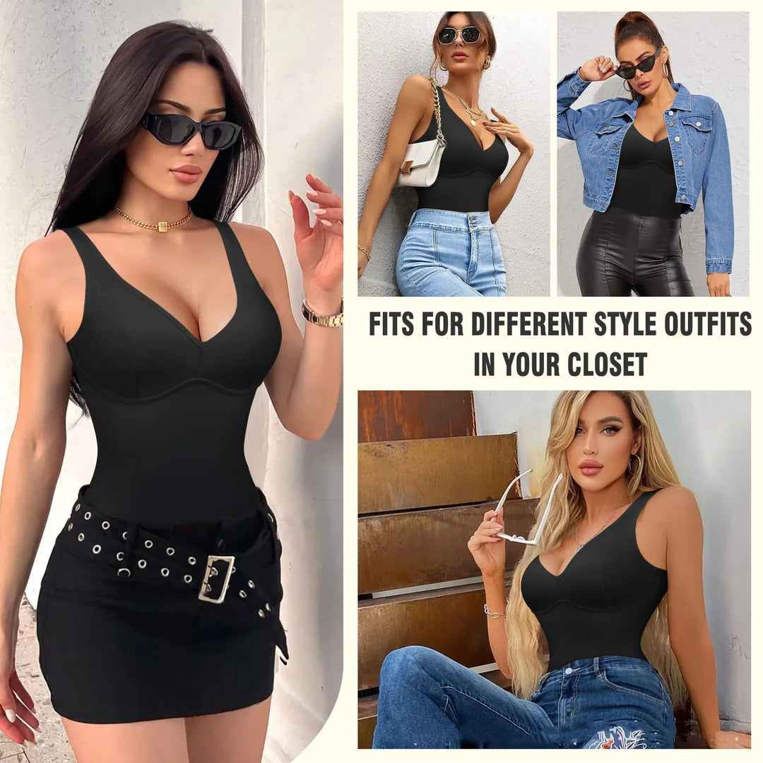 Women modeling black sleeveless bodysuit styled with skirts, jeans, denim jacket, and accessories