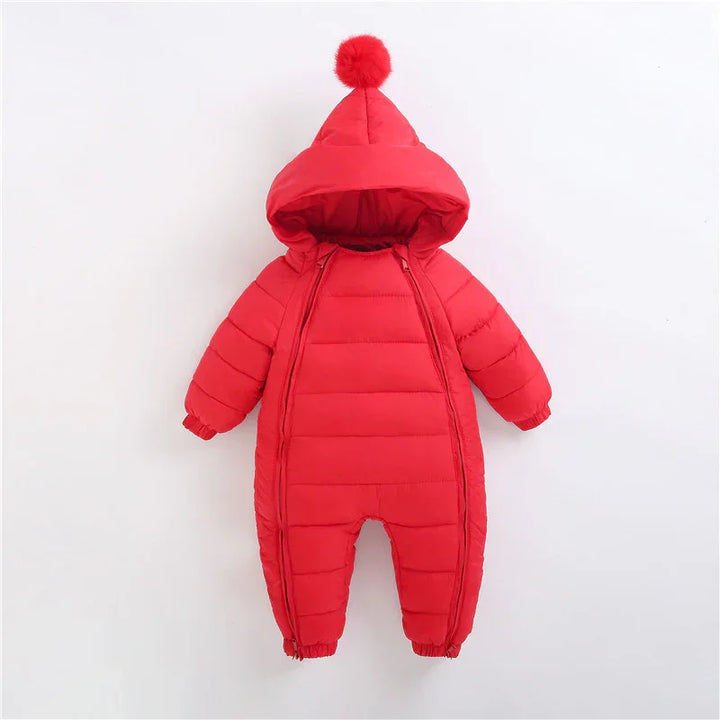 Red padded baby winter jumpsuit with hood and pom-pom, full-body insulated snowsuit for infants