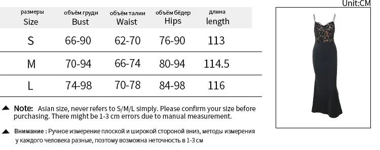 Size chart for women's black lace spaghetti strap dress with bust, waist, hips, and length measurements in cm
