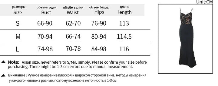 Size chart for women's black lace spaghetti strap dress with bust, waist, hips, and length measurements in cm