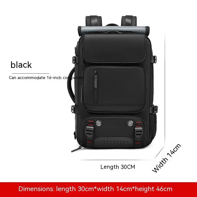 Black backpack for 16-inch laptop, multiple pockets, size 30x14x46cm